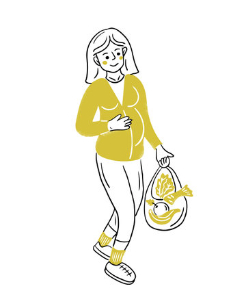 Doodle illustration of pregnant happy woman with shopping bag and healthy food in it. Outline flat sketchy drawing isolated on white background. Vector health care conceptのイラスト素材