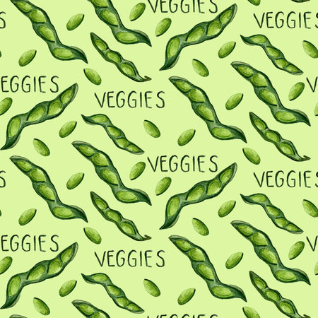 Organic seamless pattern with pods and beans hand painted by watercolor. Aquarelle pattern for textile, for printing on fabrics, paper, background, fabric, packaging.の写真素材