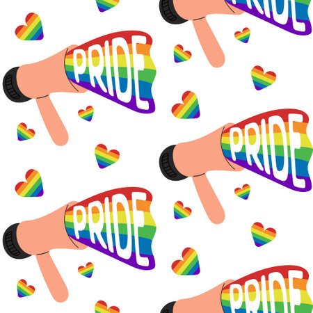 Seamless pattern with megaphone and hearts with rainbow in flat style. Peaceful and equality concept supporting LGBTQ community. Vector hand drawn illustration for Pride monthのイラスト素材