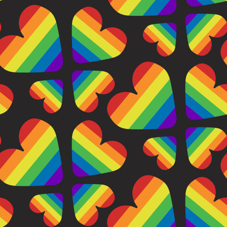 Seamless pattern with hearts in rainbow colors on black background. Peaceful and equality concept. Vector hand drawn illustration for Pride monthのイラスト素材