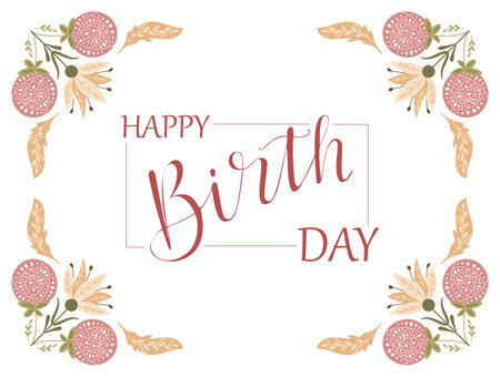 Happy birthday horizontal greeting card or banner in retro folk style with symmetry floral compositions in muted colors isolated on white background. Botanical vector template for birthday partyのイラスト素材