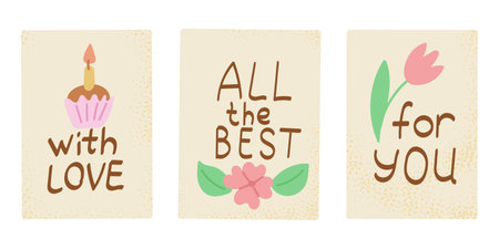 Set of hand drawn textured postcards in flat childish style and candy pastel colors. Vector typographic illustration isolated on white background.のイラスト素材