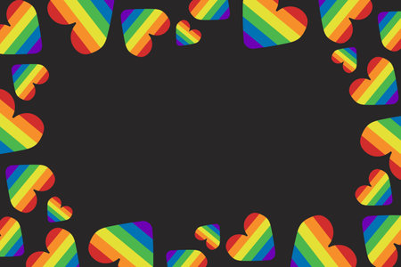 Dark theme horizontal banner template with LGBTQ rainbow heart. Peaceful and equality concept. Vector hand drawn illustration for Pride monthのイラスト素材