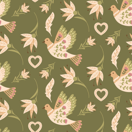 Animalistic vintage seamless pattern with abstract flowers and birds in folk style. Botanical fantasy flat illustration in boho style for wedding. Print design for textile or wallpaperのイラスト素材