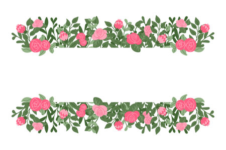 Stylized floral wedding invitation template with copy space. Flat hand drawn abstract simple flowers and leaves. Botanical natural background isolated on white background.のイラスト素材