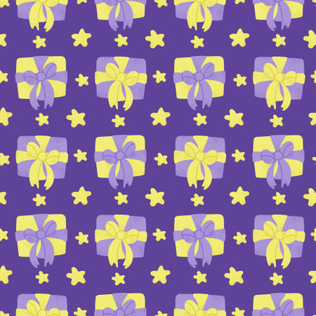 Celebrating seamless pattern with birthday gift boxes in purple and yellow colors. Vector flat holiday illustration for birthday party. Perfect for wrapping, wallpaper, kids textile, backgroundのイラスト素材