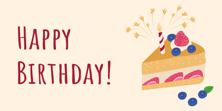Birthday greeting banner with piece of cake and candle. Vector hand drawn holiday composition with...
