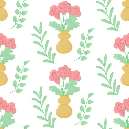 Stylized pastel colored floral bunches seamless pattern in flat childish style. Vector holiday illustration for party isolated on white background. Perfect for wrapping, wallpaper, kids textileのイラスト素材