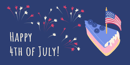 Happy 4thh of July poster with Piece of tasty cake with blueberries with US flag in flat style. Vector USA national holiday illustrations with colorful fireworks on blue backgroundのイラスト素材