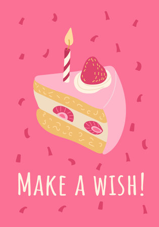 Colorful Birthday greeting poster with piece of strawberry cake and candle. Vector hand drawn...