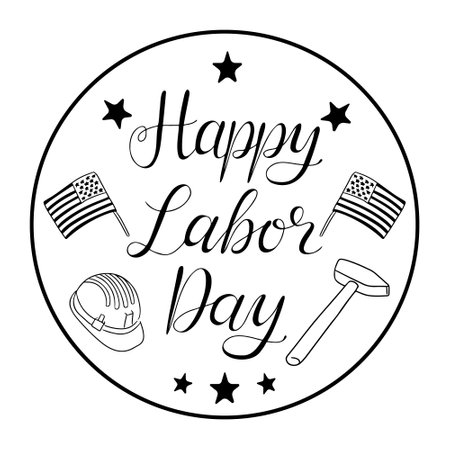 Typographic outline monochrome compositions with handwritten text Happy Labor Day, Us flags and helmet. Black vector contour elements with calligraphic text isolated on white backgroundのイラスト素材