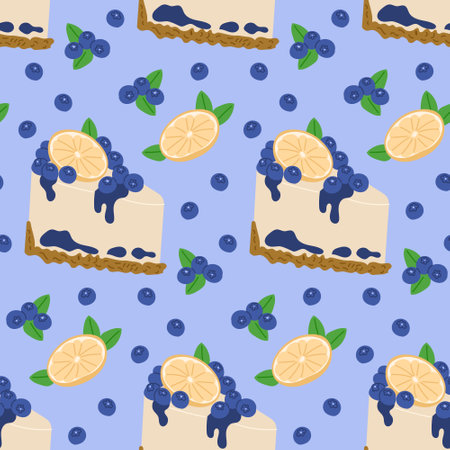 Tasty dessert seamless pattern with blueberry cheesecake and slice of lemon. Vector hand drawn food illustration on blue background. Good for wrapping paper, background, kitchen textileのイラスト素材