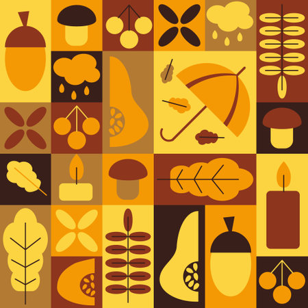Autumn bold seamless pattern in geometric style. Natural elements in simple geometric shapes, vector flat style. Good for autumn templates, cover designのイラスト素材
