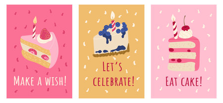 Set of Birthday greeting cards with pieces of birthday cakes and burning candles. Vector hand drawn...