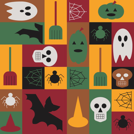 Seamless pattern in geometric style for Halloween. Holiday traditional elements in simple geometric shapes, vector flat style. Good for wrapping, textile, cover designのイラスト素材