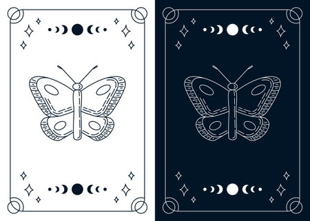 Tarot cards set with outline line art butterfly. Esoteric mystical split deck for prediction. Vector design template, boho style. Monochrome outline designのイラスト素材