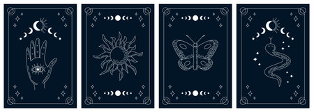 Tarot cards dark theme set with white line art magic elements on dark background. Esoteric mystical deck with human hand, sun, butterfly and snake. Vector design template, boho style.のイラスト素材