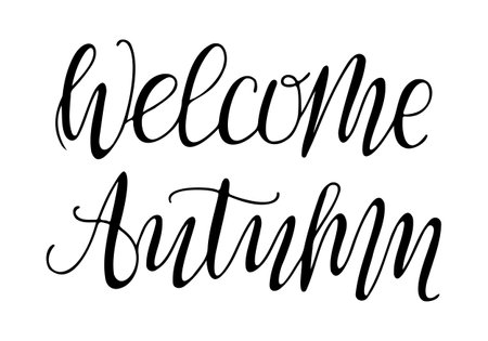 Calligraphy hand drawn contour lettering with text Welcome Autumn. Greeting card template for holiday banner, postcard, greeting card. Black vector text isolated on white backgroundのイラスト素材