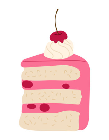 Piece of tasty cake with cherry and whipped cream in flat style. Vector flat birthday illustrations...