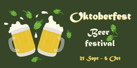 Horizontal template banner invitation for Oktoberfest. Autumn beer festival vector illustration. Beer mugs on dark green background. Greeting card for social mediaのイラスト素材