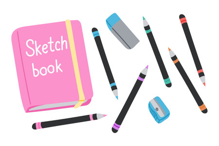 Sketchbook with colored pencils, eraser and sharpener. Traditional artistic or kids craft art supplies, creative hobby accessories, top view. Flat vector illustration isolated on white backgroundのイラスト素材