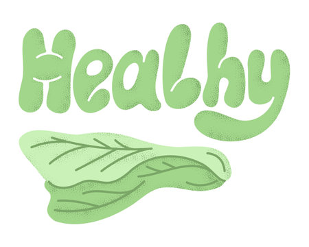 Vegan food slogan for healthy eating concept. Vector horizontal typographic illustration in green colors with dotted texture isolated on white background. Green leaves with lettuceのイラスト素材