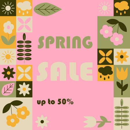 Spring sale abstract square banner in geometric style. Related floral elements to spring in simple geometric shapes, vector flat style. Good for advertisement and tradingのイラスト素材