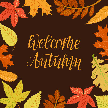 Autumn square contrast banner with colored leaves and calligraphic lettering Welcome Autumn. Hand drawn flat style. Simple botanical illustration. Vector clipart of drawings on dark backgroundのイラスト素材