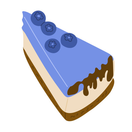 Piece of blueberry cheesecake with berries and chocolate crusts in flat style. Vector flat birthday illustrations isolated on white background. Good for decoration, sticker and logo. Birthday conceptのイラスト素材