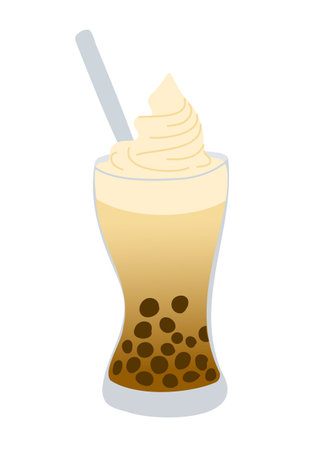 Bubble tea with tapioca pearls with whipped cream and straw. Summer vacation vector illustration isolated on white background. Good for decoration, stickers and logoのイラスト素材