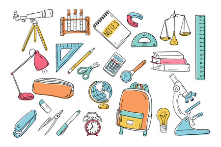 Stationary colored contour doodle set best for studying. Collection of sketchy outline drawings isolated on white background. Back to school or university outline stickersのイラスト素材