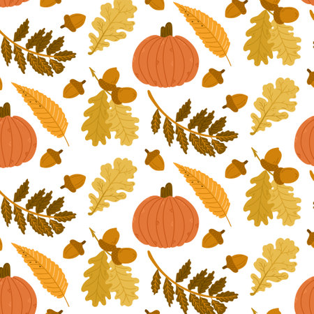 Autumn contrast seamless pattern with autumn leaves, acorns and pumpkins. Hand drawn flat style. Simple botanical illustration isolated on white background. Perfect for textile and wrappingのイラスト素材
