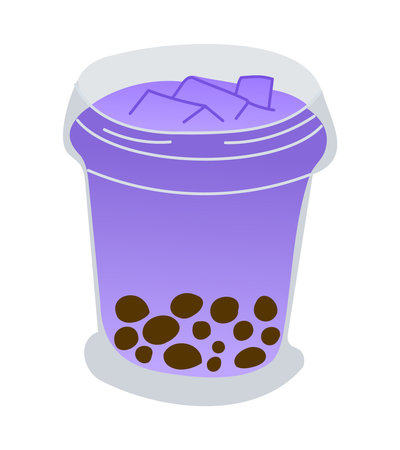 Purple Bubble tea with tapioca pearls in small glass with ice cubes. Summer vacation vector illustration isolated on white background. Good for decoration, stickers and logoのイラスト素材