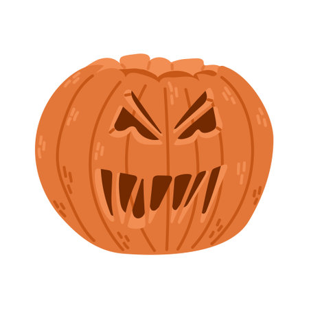 Flat scary Halloween pumpkin in hand drawn style. Spooky design for autumn holiday isolated on white background. Cute angry jack o lanternのイラスト素材