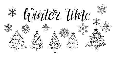 Winter black contour doodle set with Christmas trees, snowflakes and calligraphic text Winter Time. Monochrome contour stickers. Vector clipart of sketchy drawings isolated on white backgroundのイラスト素材