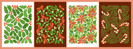 Set of mid century Christmas poster or art prints with winter botany. Hippie 60s, 70s style. Vector contrast illustrations with holly berry, mistletoe, poinsettia, pine tree in nostalgic styleのイラスト素材