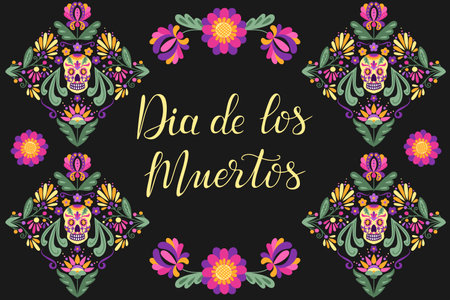 Dia de los Muertos flat banner with hand drawn folk elements and calligraphy text. Floral decorated design for Day of the dead on black background. Template for background, banner, card, posterのイラスト素材