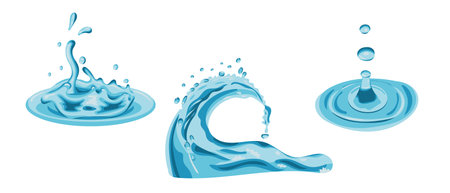 Collection of vector water splashes in realistic hand drawn style. Splashes of water or other liquid. Waves and drops movement. Vector illustration isolated on white backgroundのイラスト素材