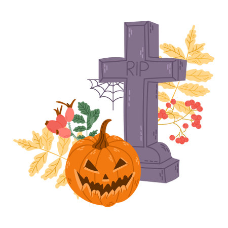 Halloween botanical and spooky clipart with hand drawn related elements. Jack o lantern, tomb, spider web, autumn leaves and berries. Cute design for Halloween isolated on white backgroundのイラスト素材