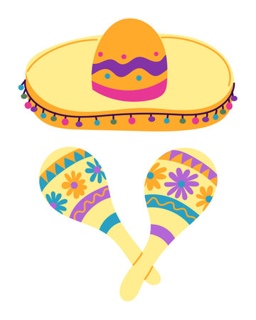 Mexican Folk clipart with sombrero and maracas in bright color. Dia de los Muertos holiday illustration isolated on white backgroundのイラスト素材