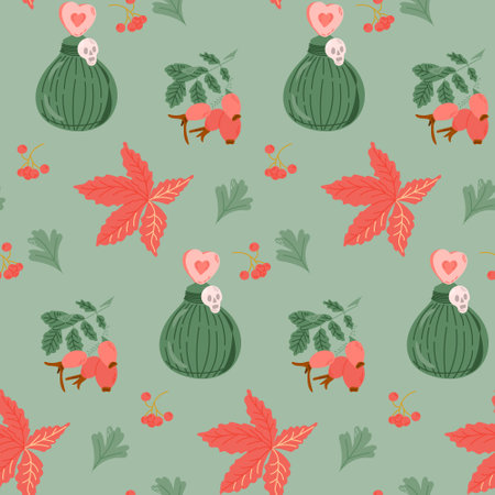 Halloween seamless pattern with potion and red leaves and berries. Love potion, red ivy leaf, rosehip branch. Cute print design for Halloween on green background. Good for kids textile, wrappingのイラスト素材