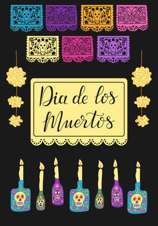 Dia de los Muertos Vertical poster with hand drawn decorated bottles and paper garlands. Calligraphy text. Mexican traditional holiday banner. Holiday design for Day of the dead on black backgroundのイラスト素材
