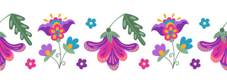 Folk fantasy floral seamless border in Mexican style. Botanical flat illustration in Latin American traditional style isolated on white background for day of the dead holidayのイラスト素材