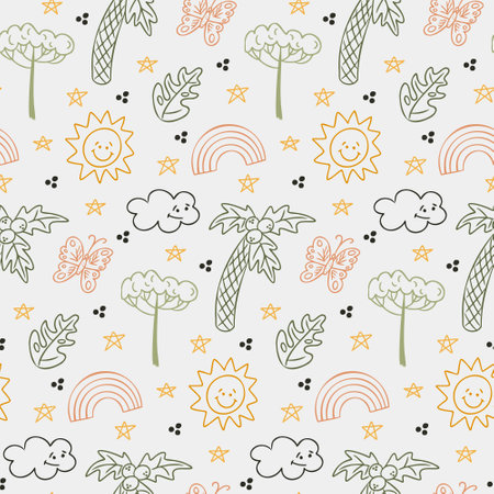 Childish colored contour doodle seamless pattern with botany elements. Vector hand drawn sun, cloud, palm tree, butterfly and stars isolated on light background. Childish textile or wallpaperのイラスト素材