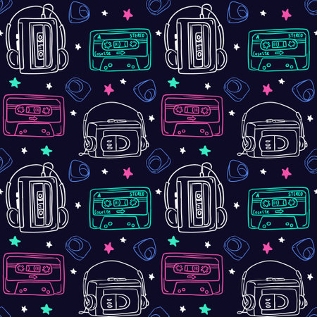 Vintage neon colored 90s seamless pattern with outline tape recorders and rings on dark background....
