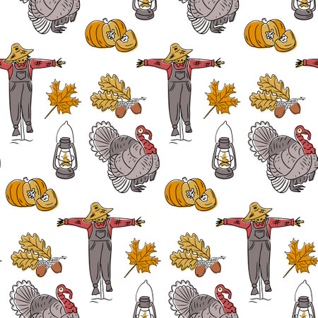 Seamless Thanksgiving pattern with scarecrows, pumpkins, turkeys, lanterns, and autumn leaves, showcasing the spirit of the harvest season. Vector hand drawn doodle illustrationsのイラスト素材