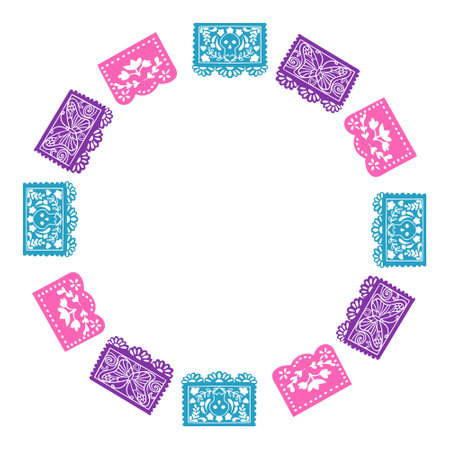 Colorful wreath with traditional Mexican papel picado in pink, blue, and purple with designs of skulls, flowers, and butterflies, symbolizing festive Mexican culture. Vector hand drawn illustrationのイラスト素材
