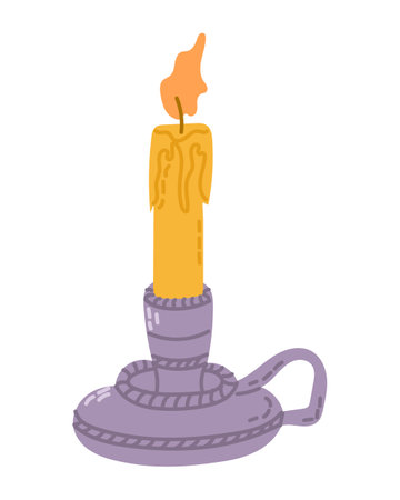 Illustration of hand drawn lit candle in vintage style candle holder with melted wax and simple flame. Vector flat artwork isolated on white backgroundのイラスト素材