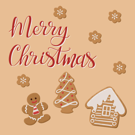 Christmas greeting card with gingerbread cookies shaped as a man, tree, and house, with hand drawn calligraphy text Merry Christmas in cheerful, flat style. Vector square bannerのイラスト素材