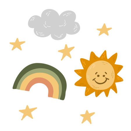 Cute hand dawn illustration of smiling sun, rainbow, cloud, and stars in earthy tones. Perfect for nursery decor, children designs. Vector childish flat drawings isolated on white backgroundのイラスト素材
